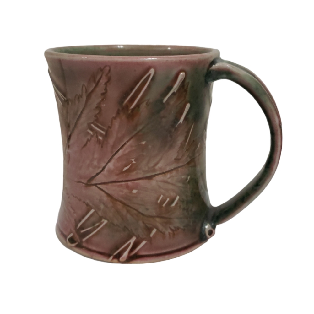 Studio Pottery Leaf Embossed Coffee Mug Signed Bottom